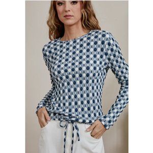 Junees Slate Harlin Top Long Sleeve Blue and White  Printed Tee with Tie Front